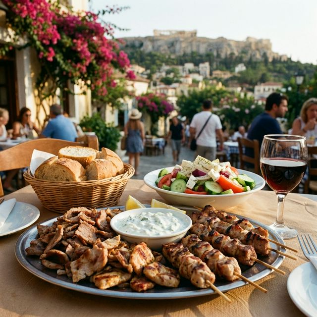 Traditioneller griechischer Souvlaki, Salat und Wein in einer Athener Taverne