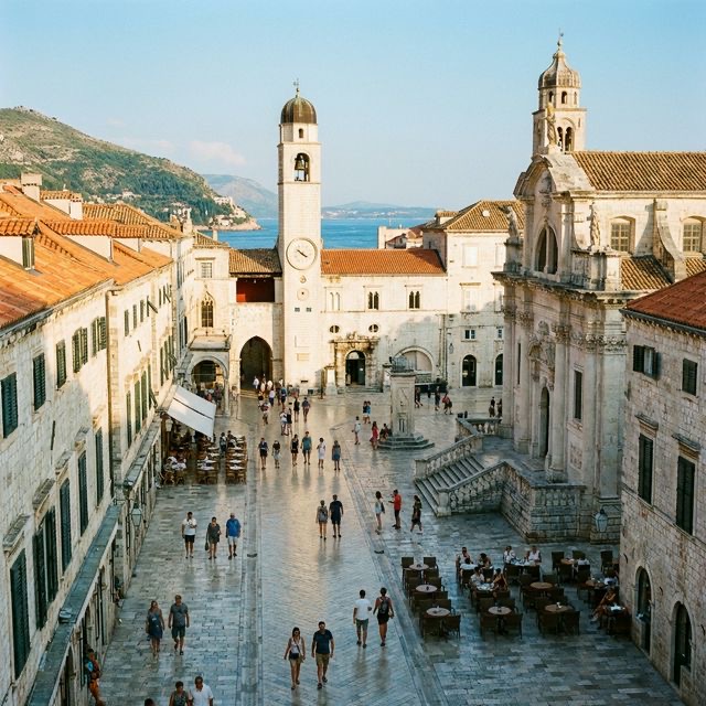 Die polierte Kalkstein-Hauptstraße Stradun in Dubrovniks Altstadt