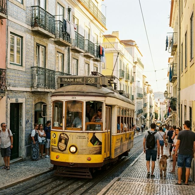 Die ikonische gelbe Straßenbahn 28 in den engen Gassen, Lissabon