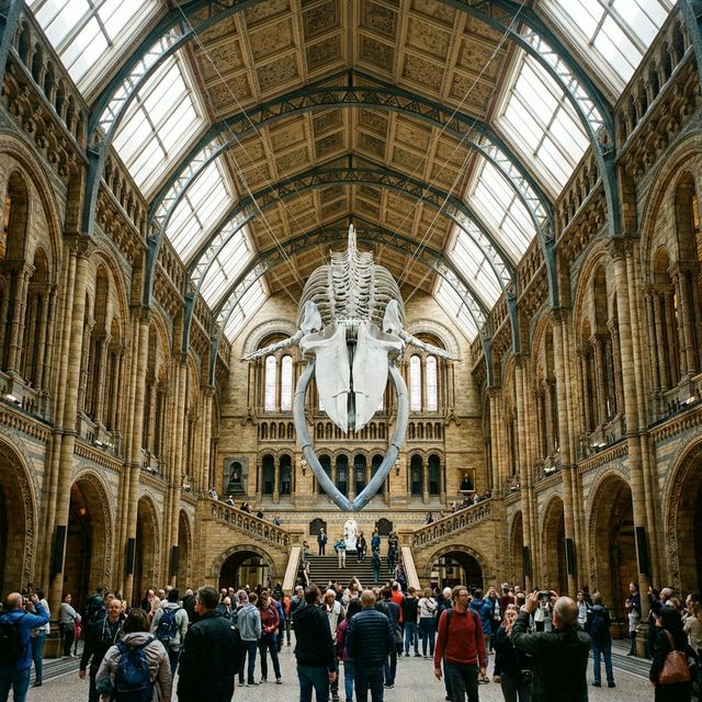 Grand interior of the Natural History Museum London with vaulted ceiling and whale skeleton