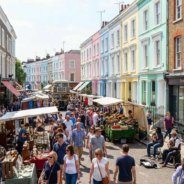 Colorful pastel townhouses and market stalls in Notting Hill, London