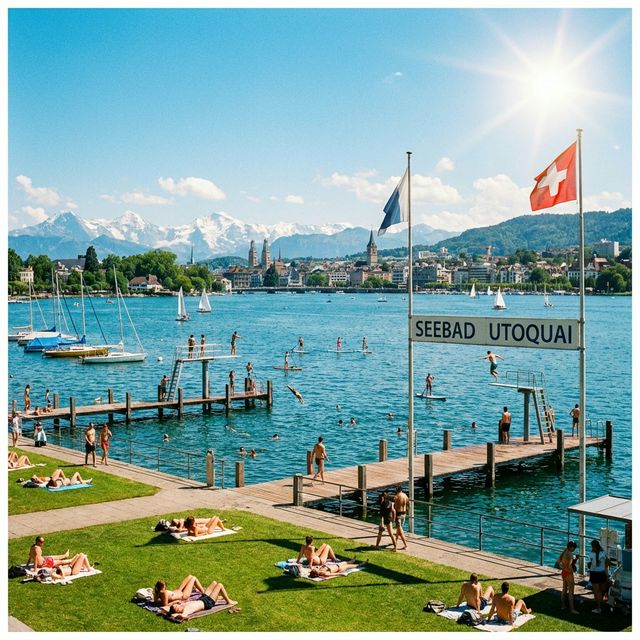 Kristalno čisto Züriško jezero z Alpskimi gorami v ozadju in ljudmi, ki plavajo